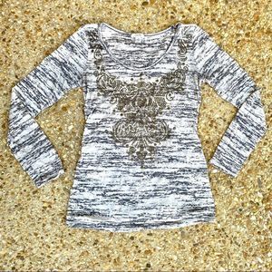 Cache VTG 90s Burnout Stud long Sleeve Fitted Gray White Shirt Size S